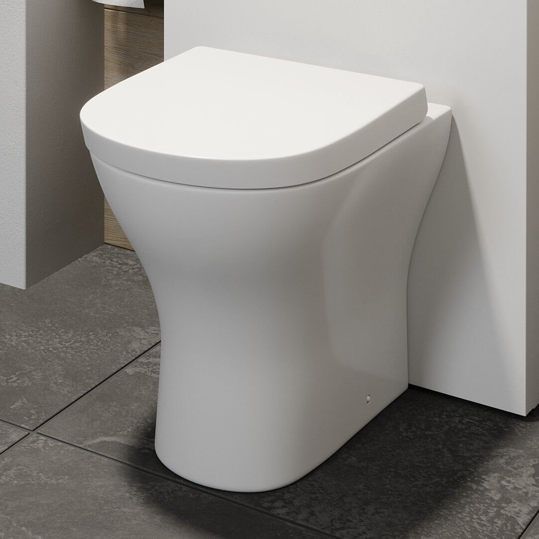 Back to Wall BTW Modern Toilet Pan Soft Close Seat Space Saving White Ceramic
